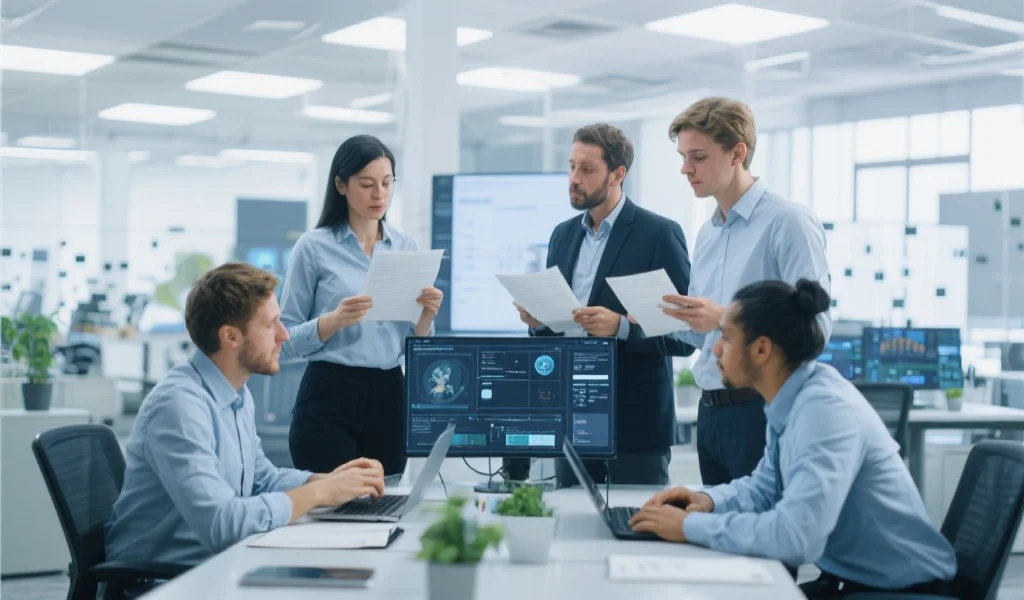 现代网络团队协作，工作人员正在监控和审核内容，背景为明亮的开放式办公空间，体现技术与责任结合